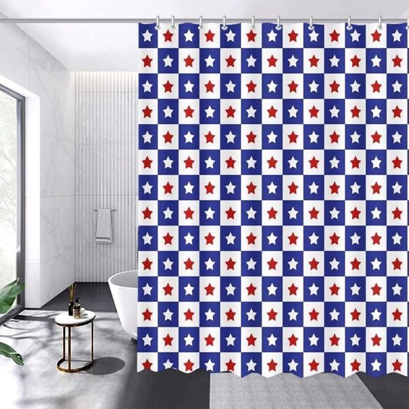 July 4th Shower Curtain President's Day Bathtub Curtain Blue And Red Independen - Picture 1 of 1